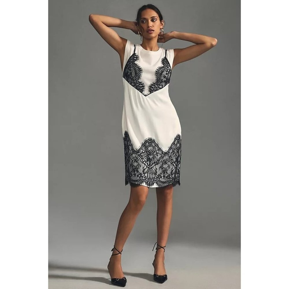 New Anthropologie Ivory Midi Dress with Black Lace Trim size L